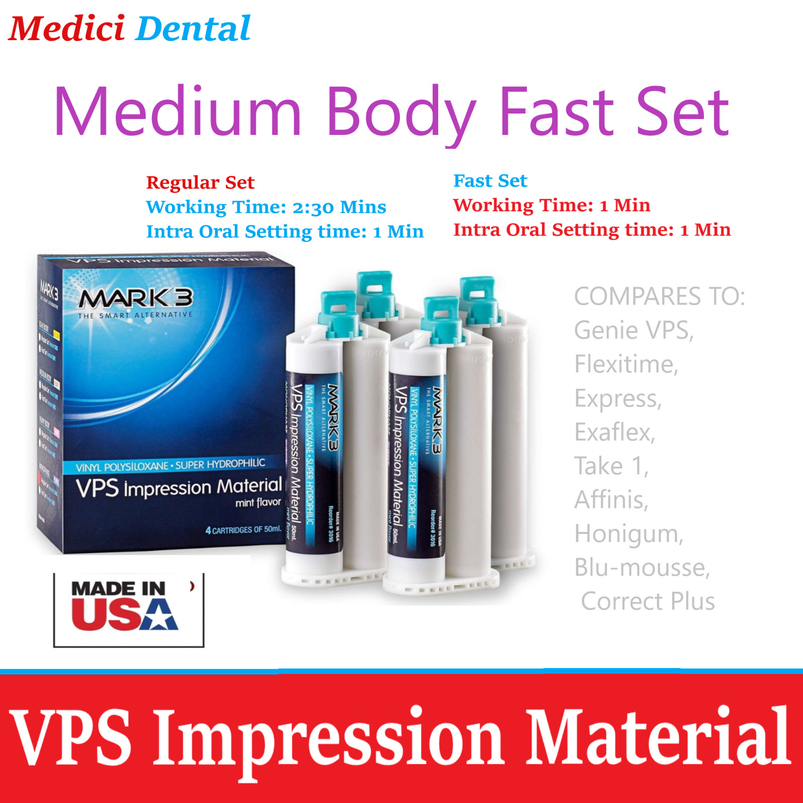 Dental MEDIUM BODY FAST SET VPS Impression Material FAST Set 50ML Cartr MARK3 US