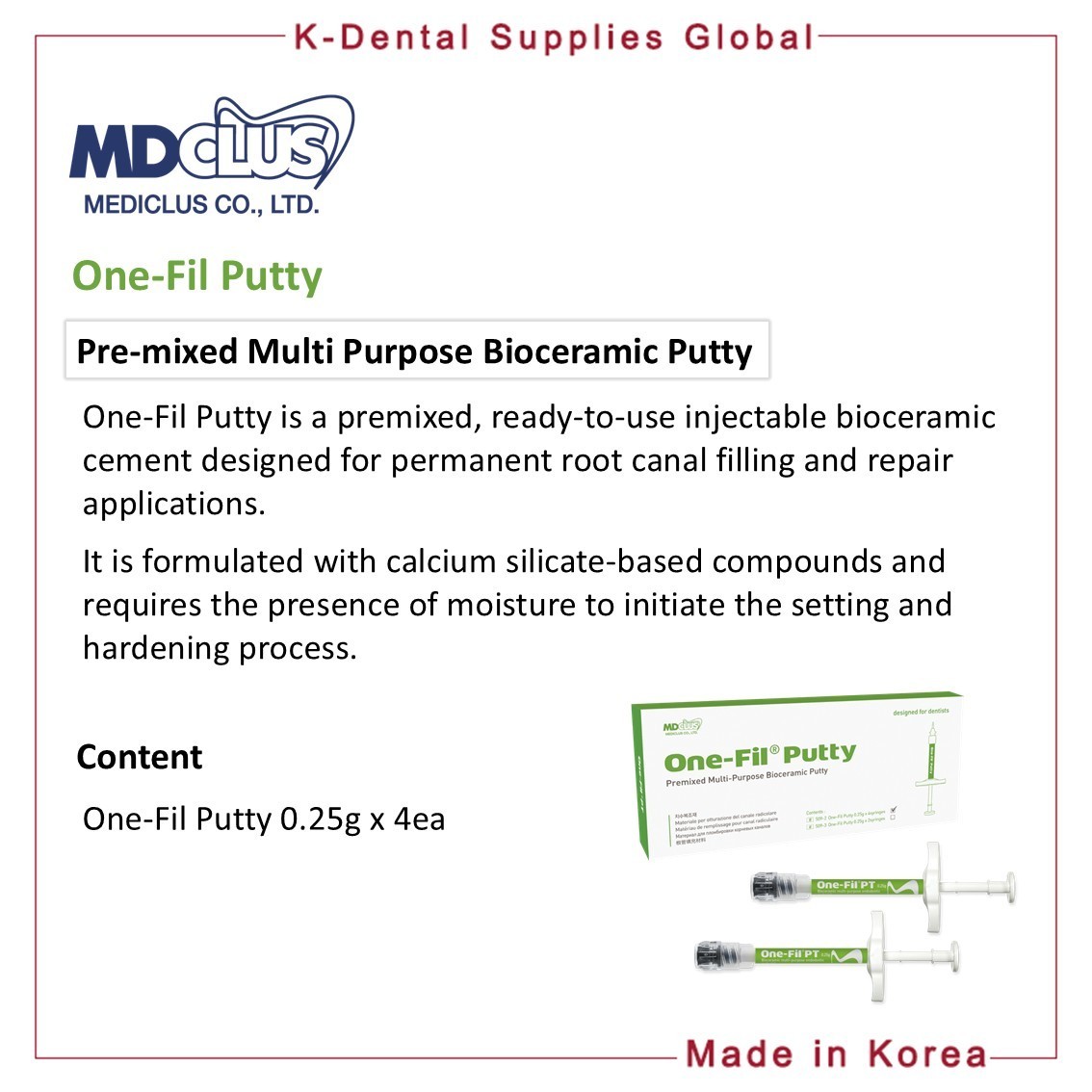 One-Fil Putty Pre-Mixed Multi-Purpose Material 0.25g x 4 syringes