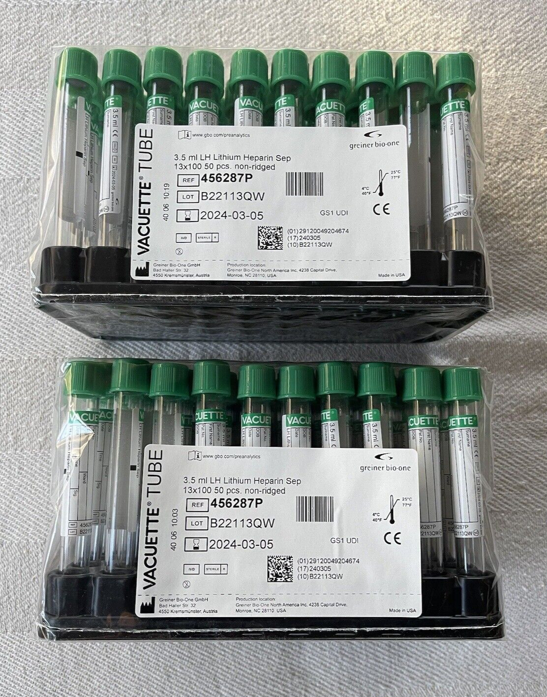 Vacuette 456287P 3.5ml Lithium Heparin Tubes Non-Ridged 13×100 Exp 3-5-2024 NEW