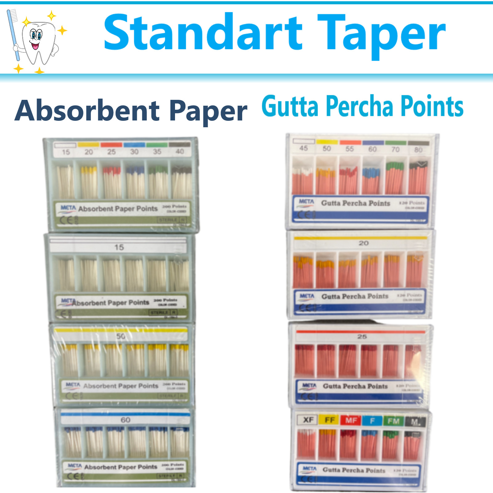 Dental GUTTA PERCHA POINTS /ABSORBENT Paper Points, Standart #10 #25 Meta 200/pk