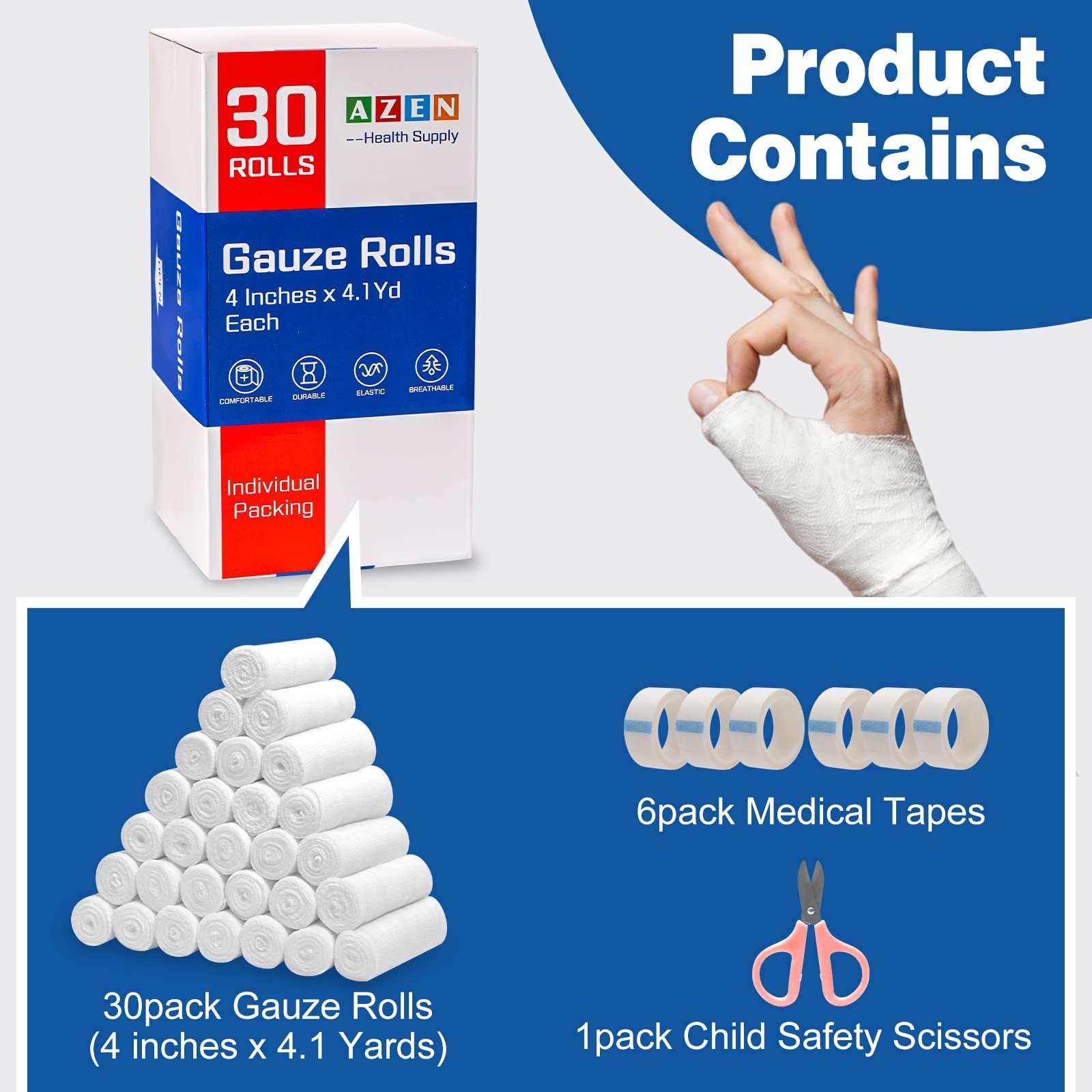 AZEN 30 Pack Gauze Rolls Bandages, 4 in x 4.1 Yards, Premium Medical 4IN, 30p