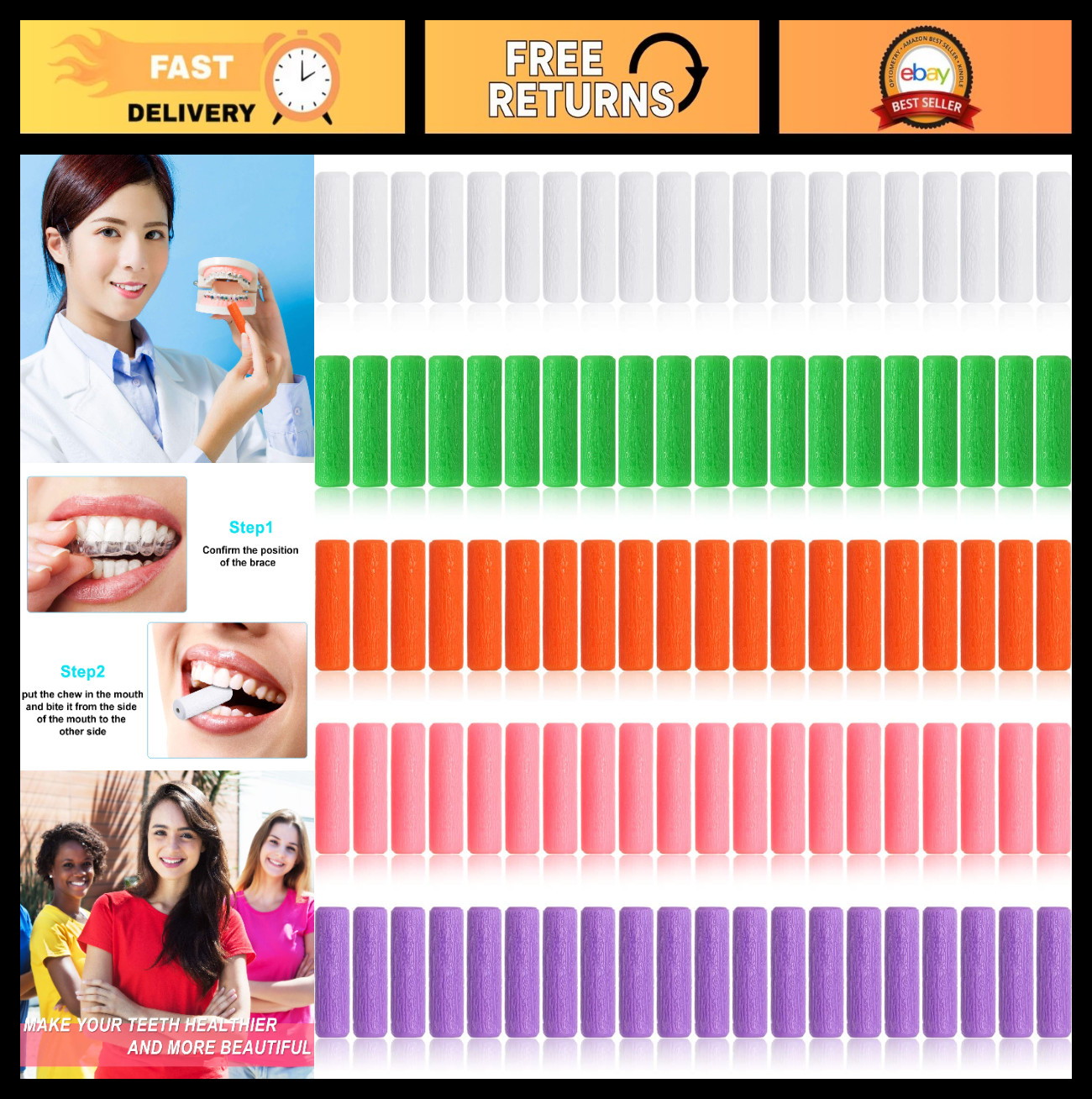 100 Pieces Orthodontic Aligner Trays & Chompers – White, Green, Orange, Pink, Pu