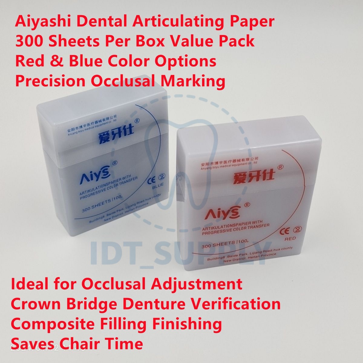 Aiyashi Dental Articulating Paper 300 Sheets Red Blue Occlusal Bite Marking