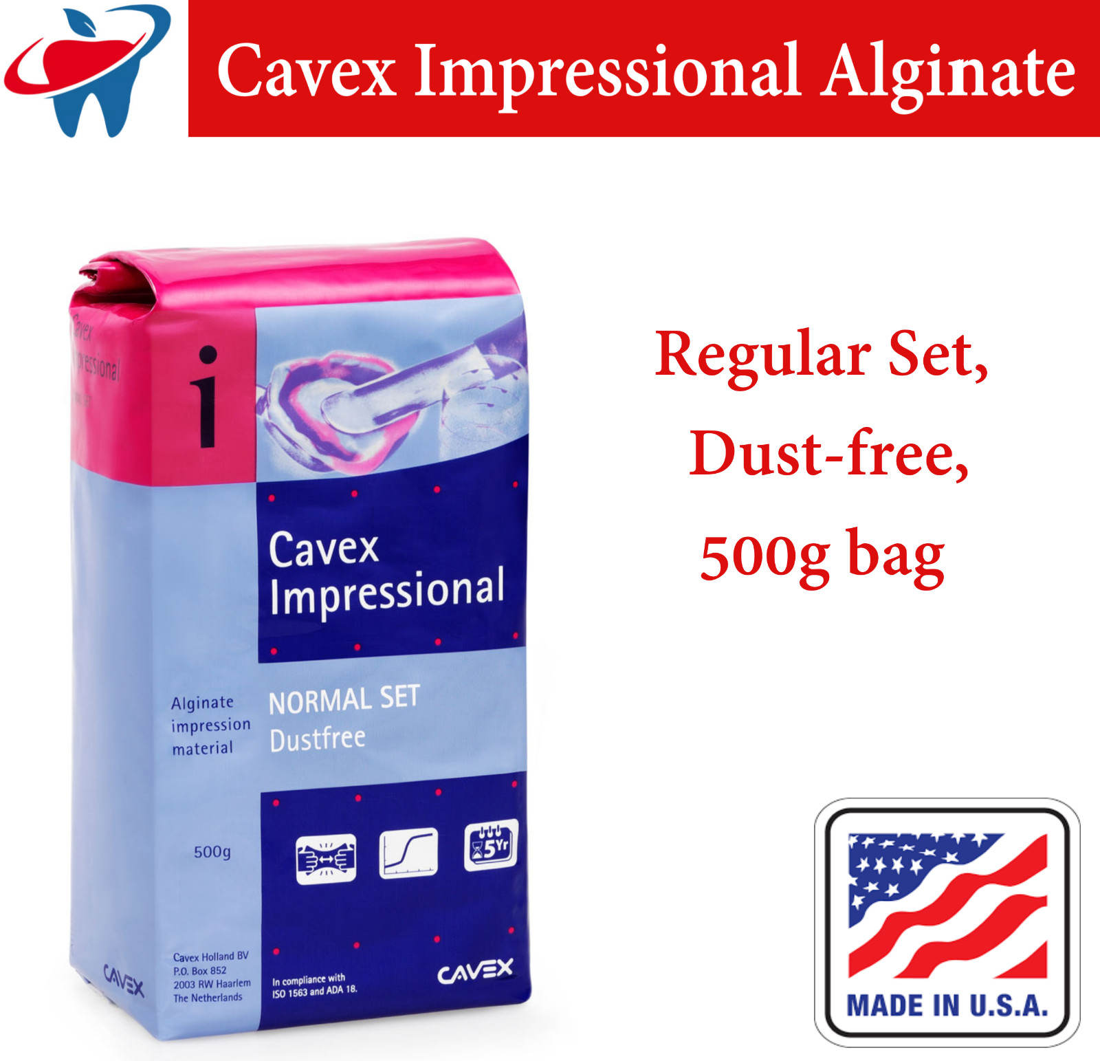 Dental Cavex Impressional Alginate, 1.1 Lbs (500 Gr) Normal Set, Dustr Free, USA