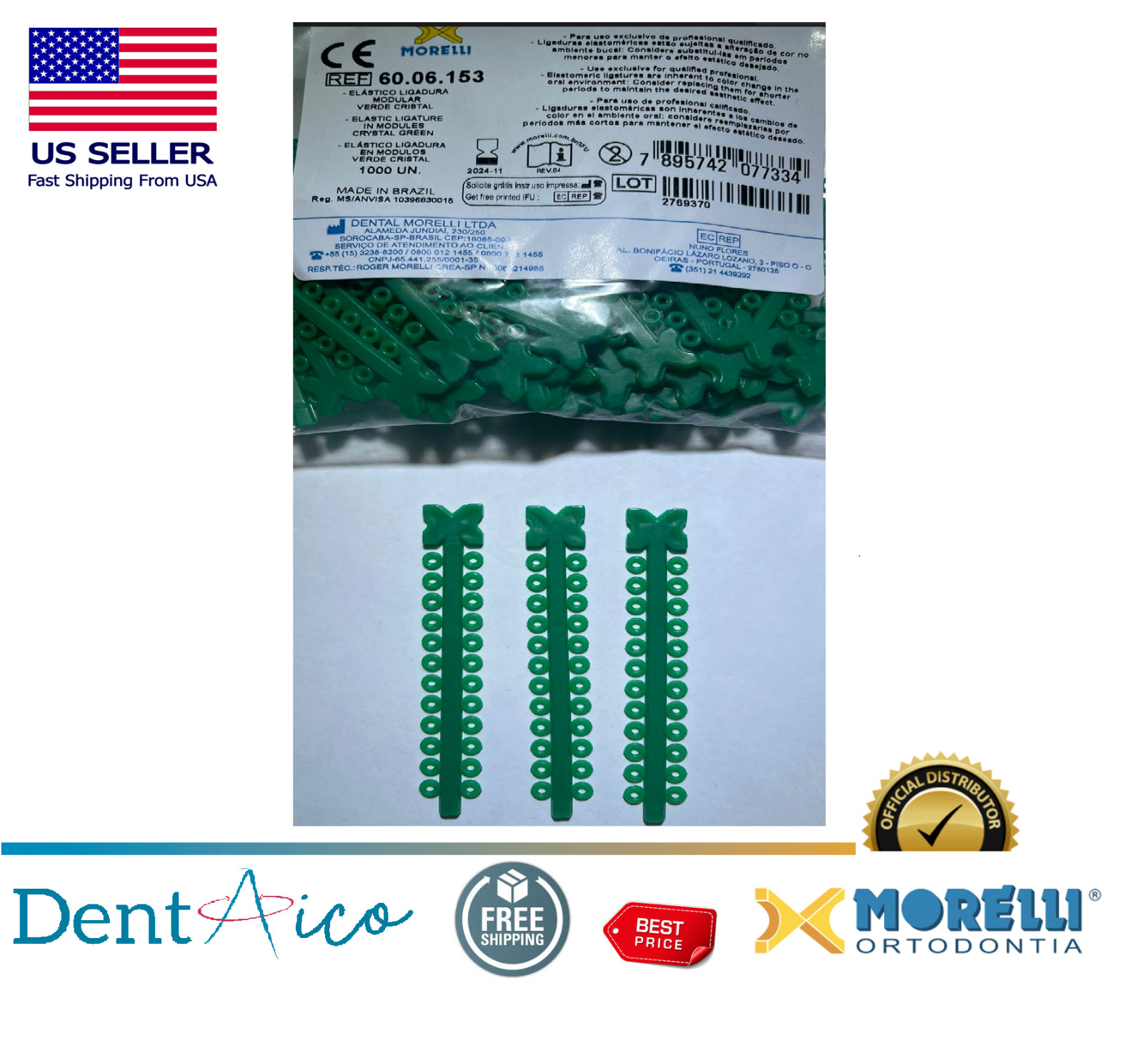 Elastic Ligature in Modules Crystal Green PAK/1.000UN MORELLI Dental Orthodonti