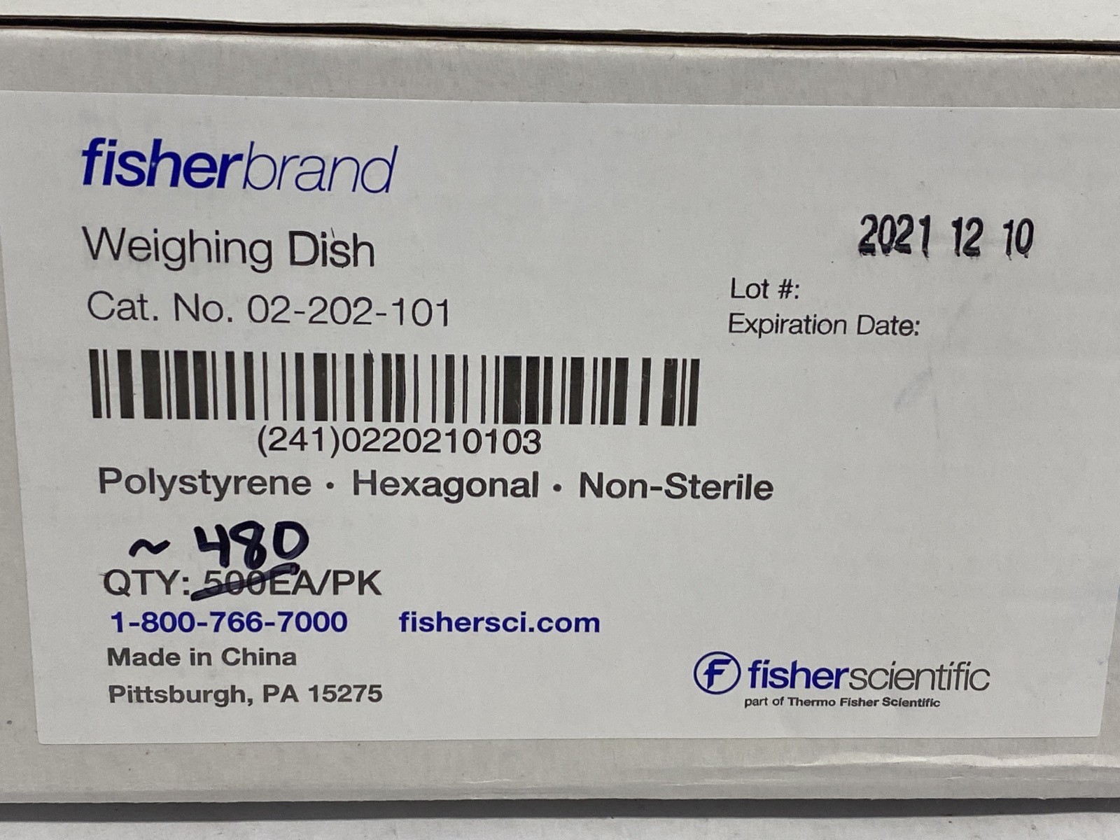 (~480) FISHERBRAND Polystyrene Weighing Dishes Hexagonal Shape 02-202-101