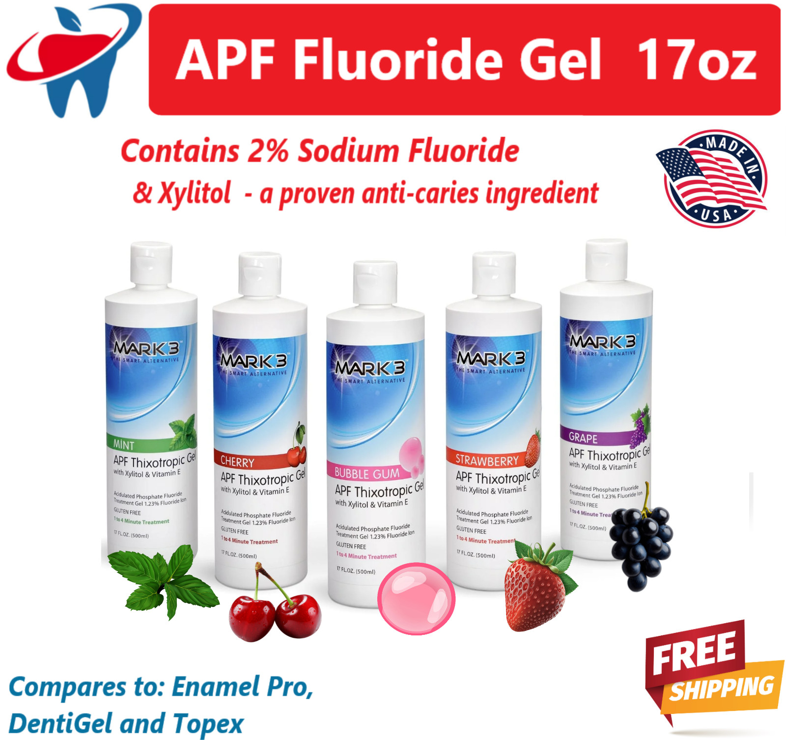 Dental APF Fluoride Gel 17 Fluoride Trays Dual Arch, Single Arch S, M, L – USA