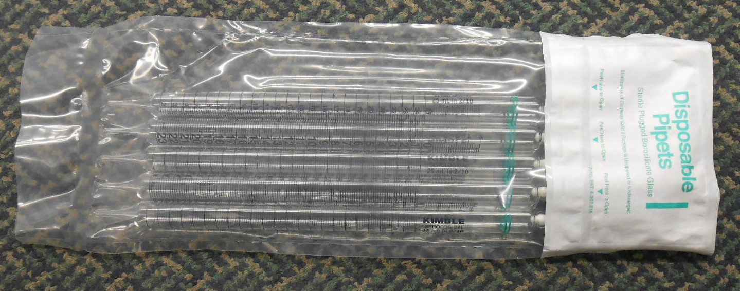 PACK OF 5 KIMBLE 25mL 2/10 STERILE PLUGGED BOROSILICATE GLASS DISPOSABLE PIPETS