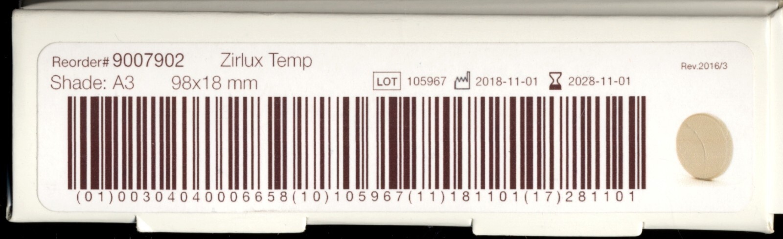 Zirlux Temp PMMA – 98×18 mm – Shade A3 – 9007902 – Use By 2028-11-01