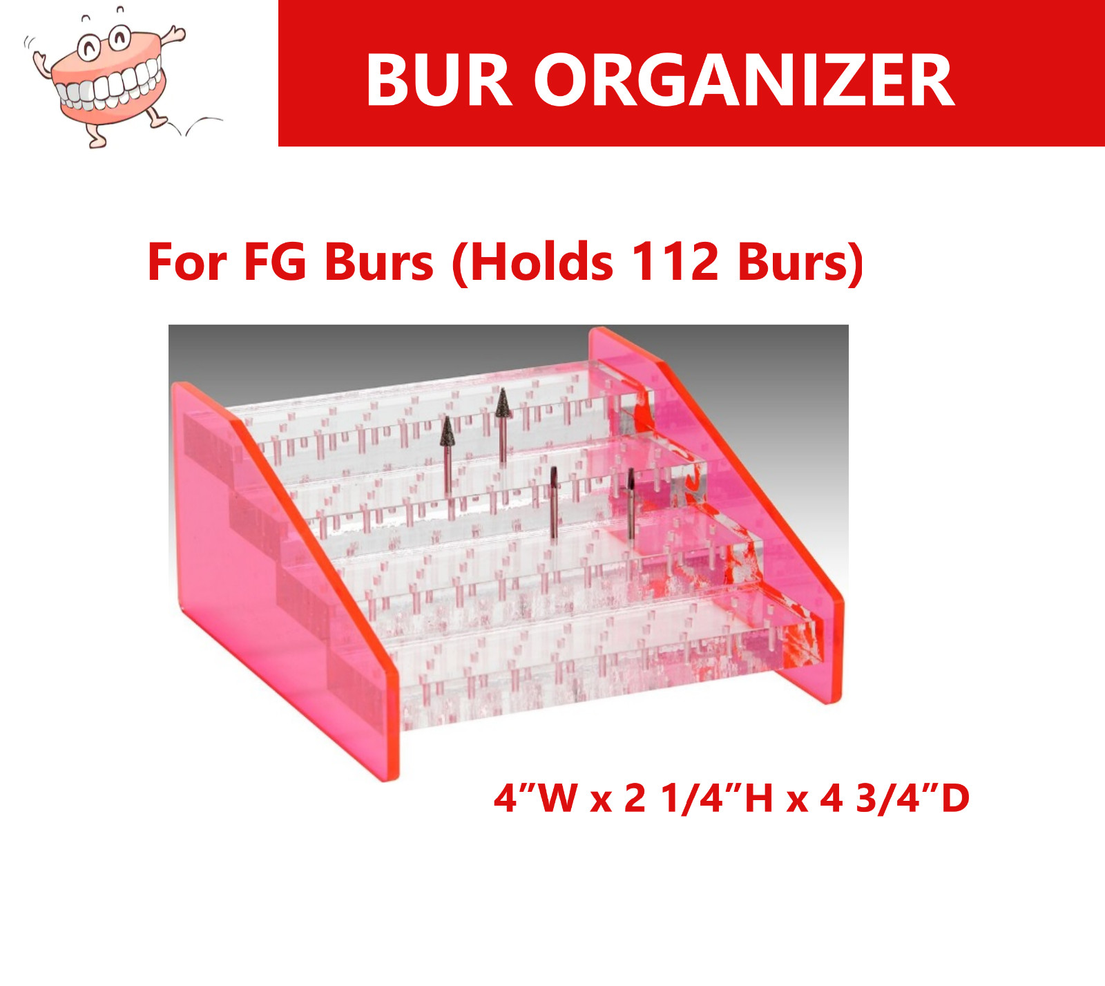 Dental Bur Block Bur Organizer, Pink Bur Holder for FG, HP RA, Holds 112 FG Burs
