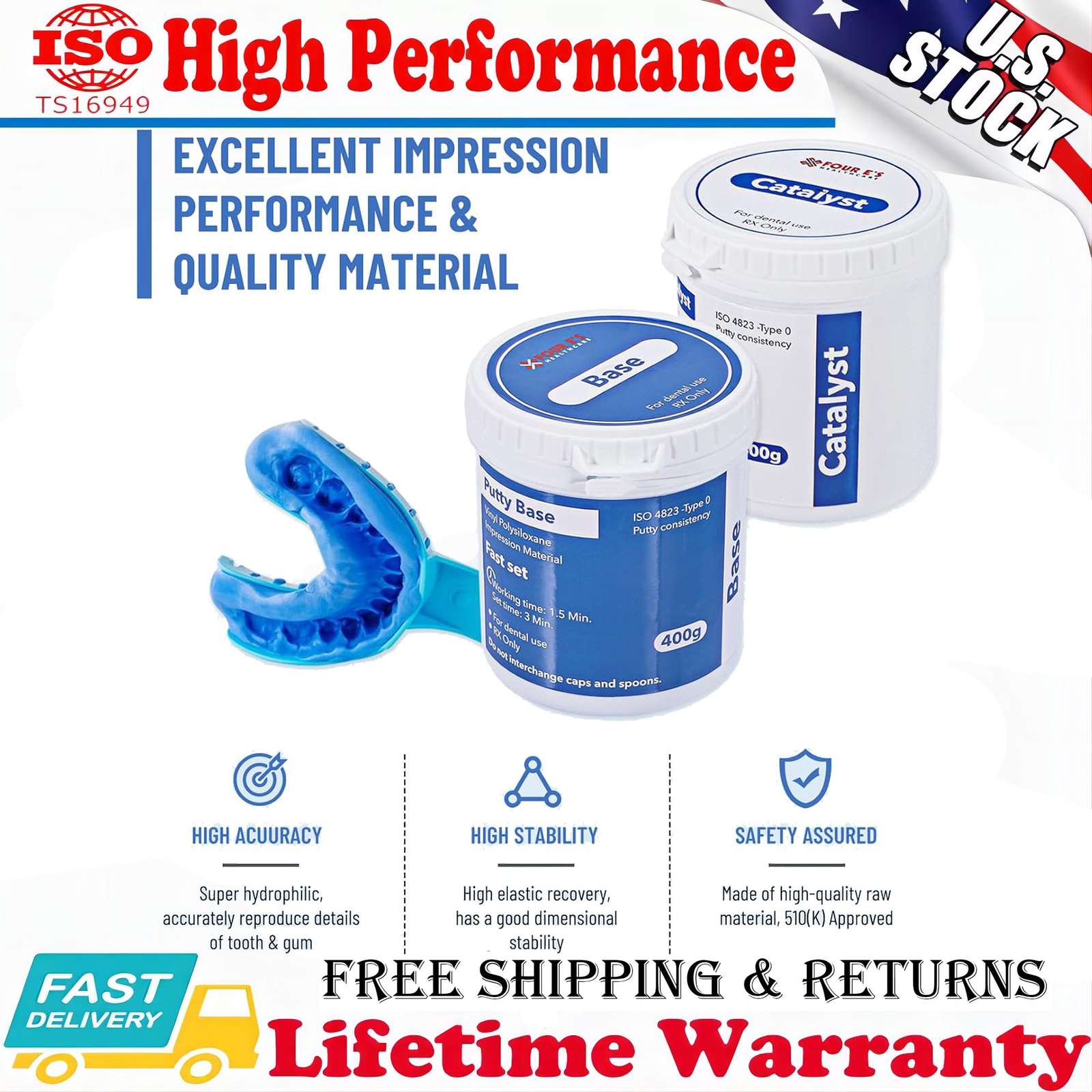 2Pcs Dental Impression Putty Fast Set 800g VPS Putty (400g Base & 400g Catalyst)