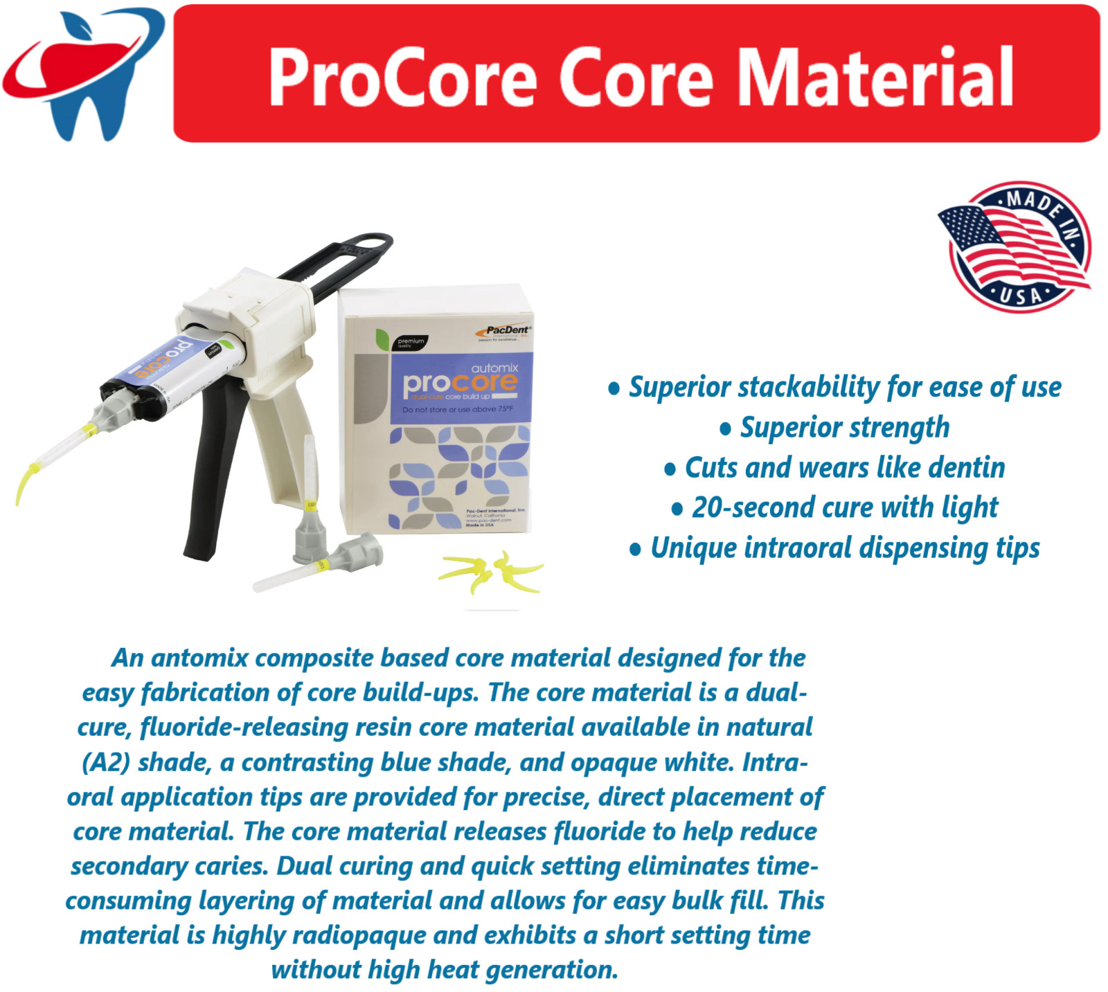 Dental Core Material ProCore™ Dual Cure Core Build-Up Shade A2, Blue, 50 g cartr