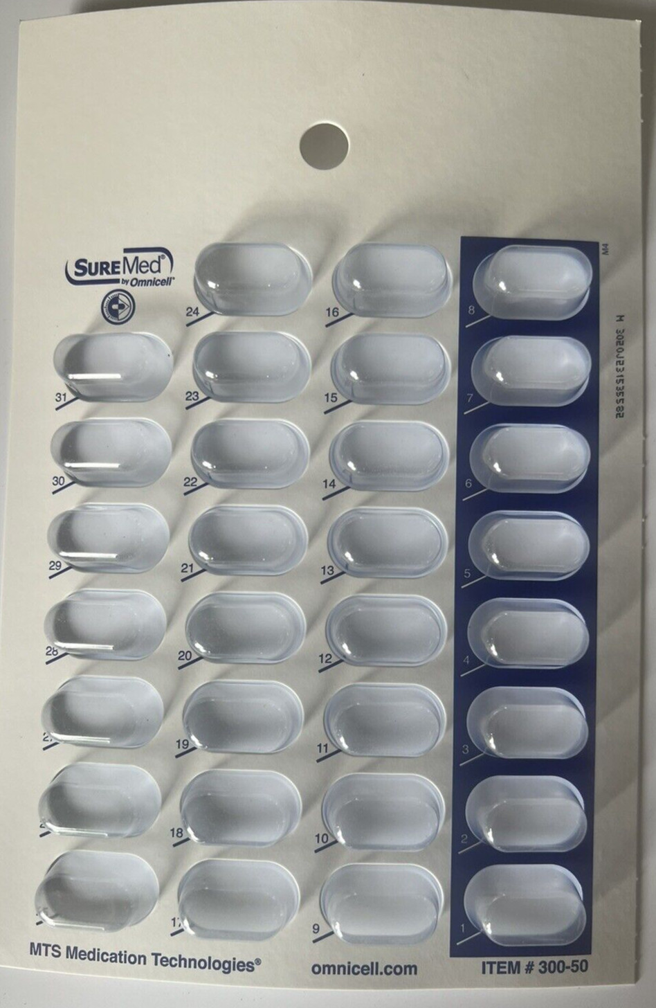 SureMed 300-50-B31 Medication 31 DAY Front One piece Large Oval Blister Card Lot