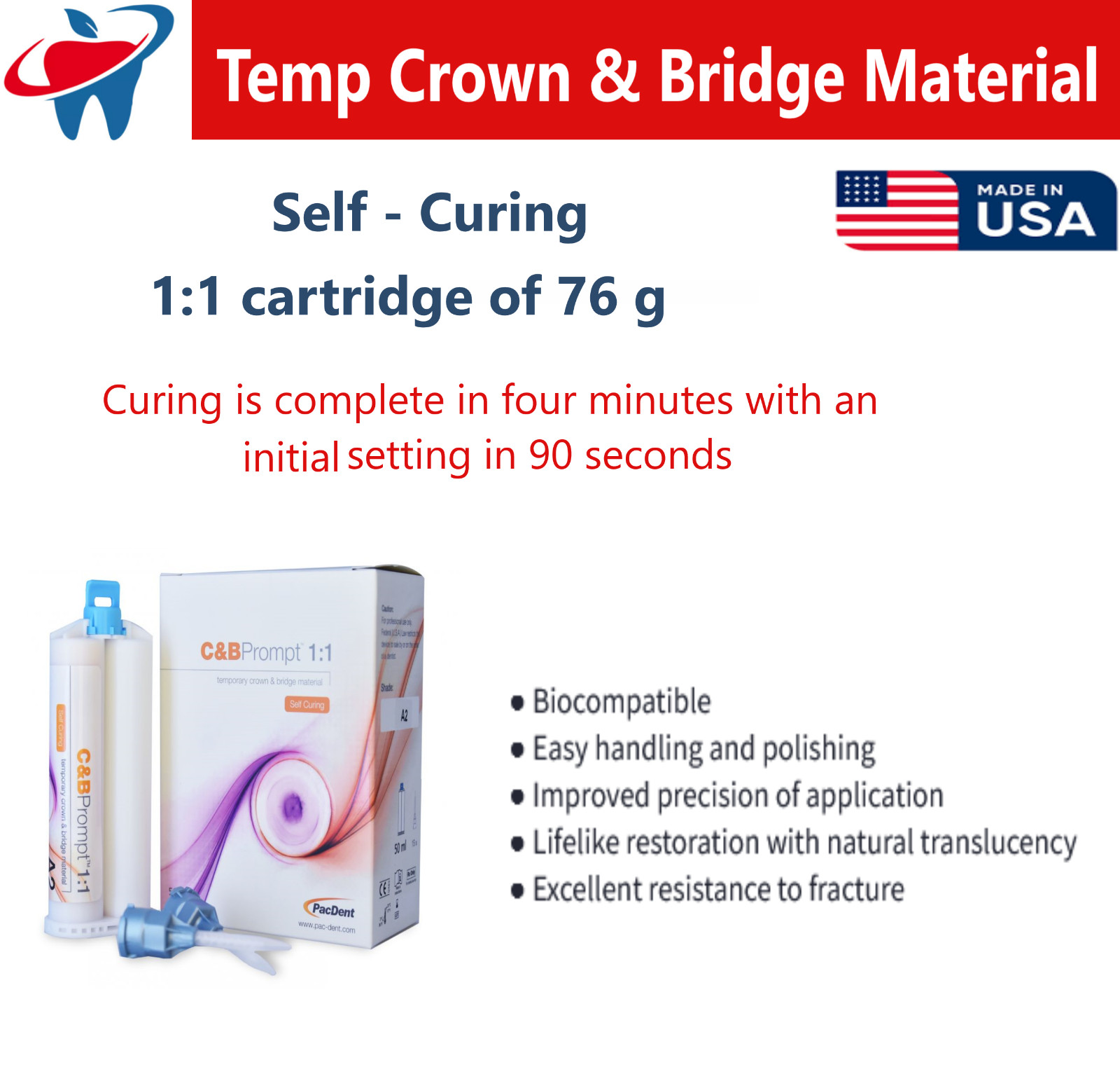 Prompt Temporary Crown & Bridge Material 1:1 Dental Impression 76g, A1/B1,A2, A3