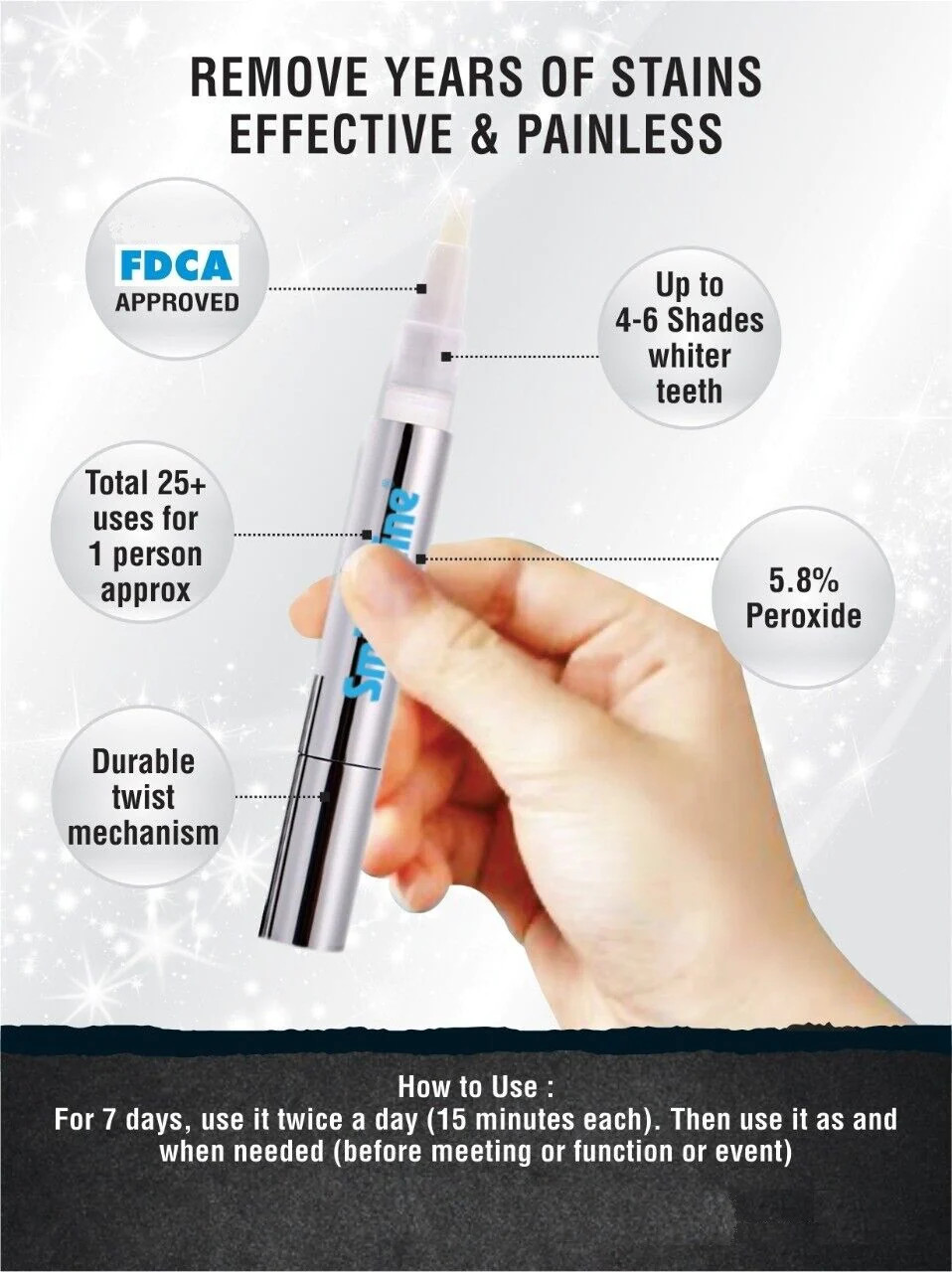 SmiloShine White ning 2mL Gel Pen for Whiten Your Teeth at Home (Free Ship)