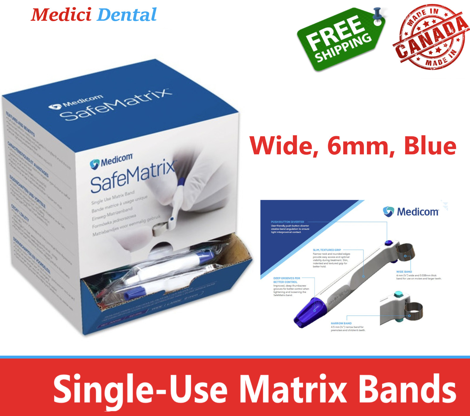 MEDICOM PRO-MATRIX BAND – Wide, 6mm, Blue – 50/Pk Dental Matrix Bands Single Use