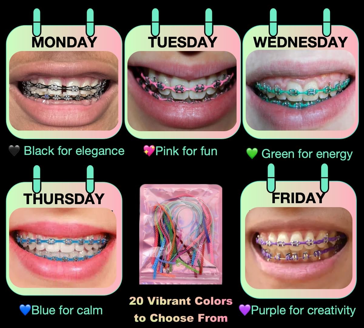 DIY Braces Power Chain Kit – 20Pcs (8.6In/pc) Multi-Color Elastic Multicolor