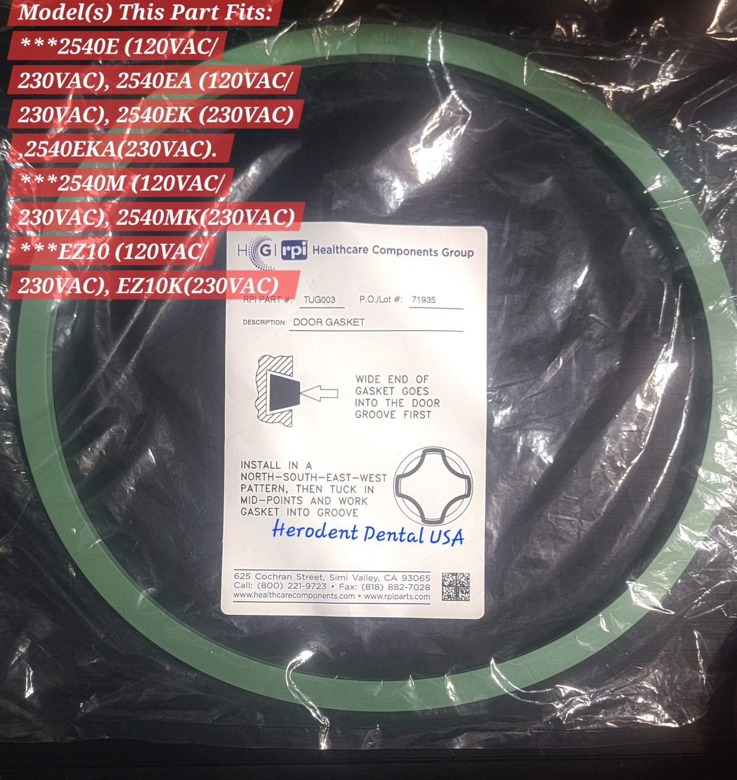 Tuttnauer EZ10 & 2540 M DOOR GASKET Autoclave 10″ RPI #TUG003 USA
