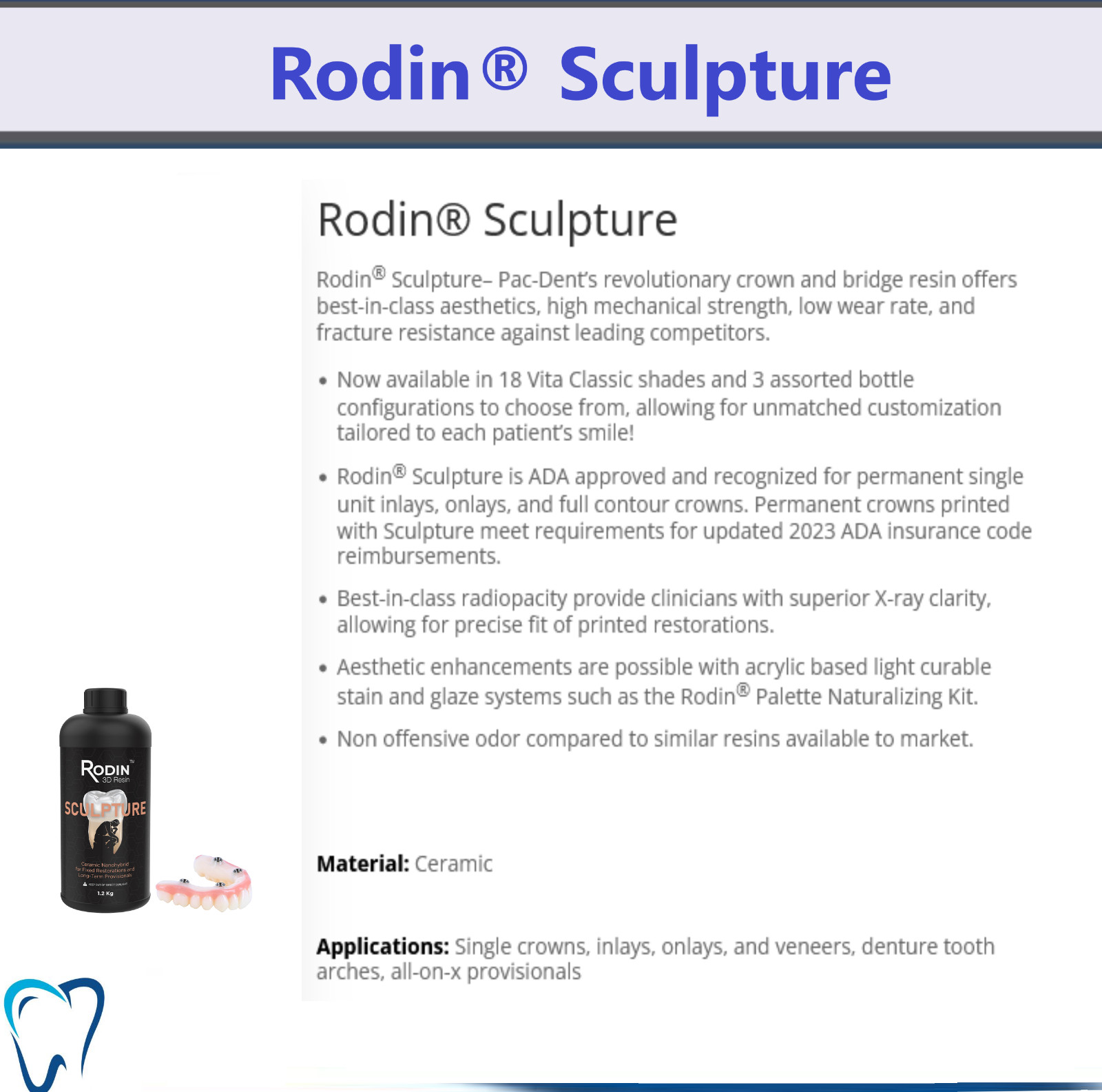 Dental PacDent Rodin Sculpture, A1, A2, A3, B1 Rodin 3D Resin Printing Materials