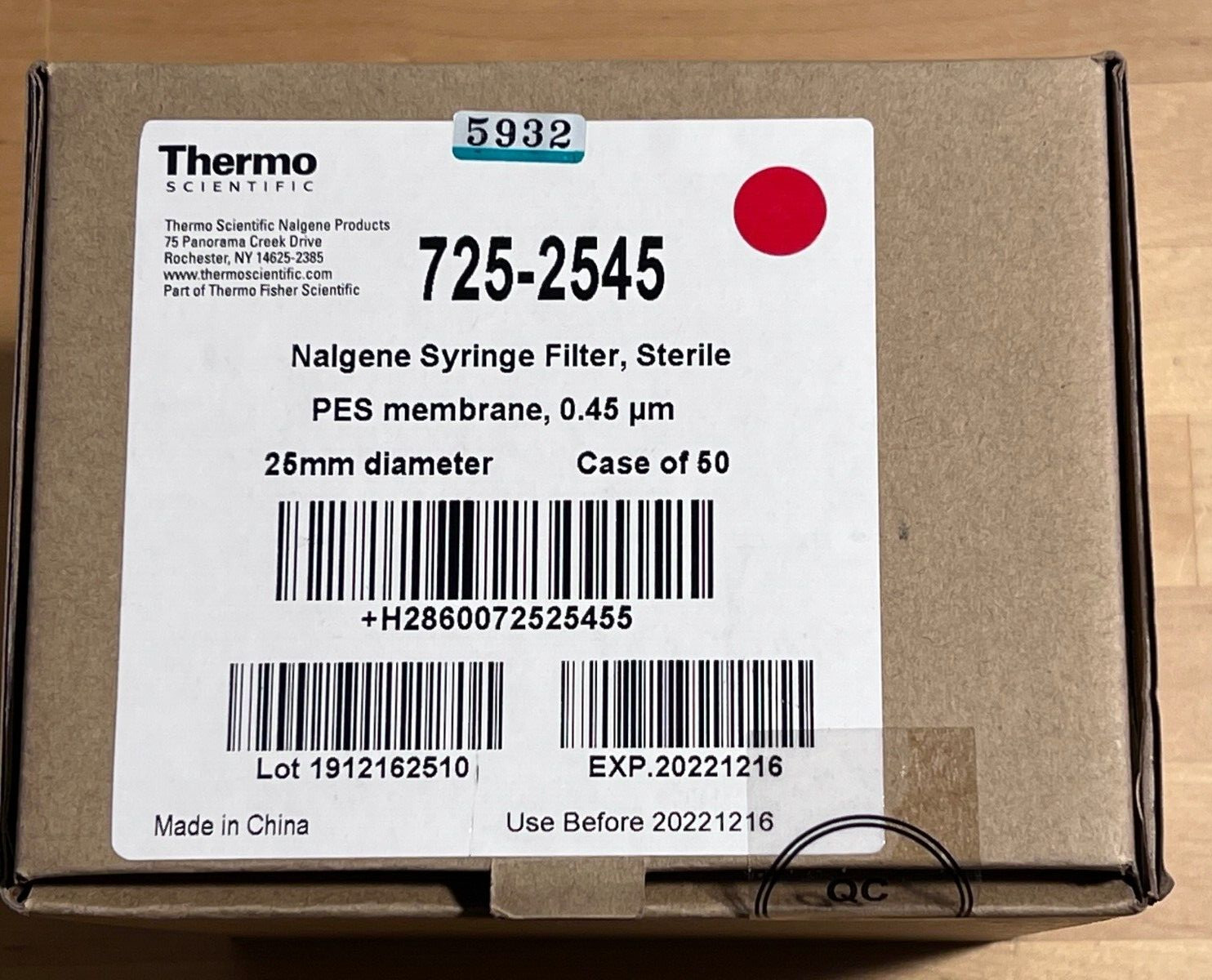 NEW Thermo Nalgene Sterile Syringe Filter 725-2545, 25 mm, Pore Size 0.45 μm