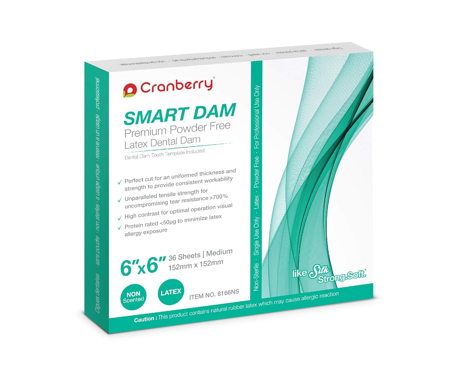 CR8166NS Smart Dam, Latex Powder-Free, Unscented, Blue, 6″ X 6″
