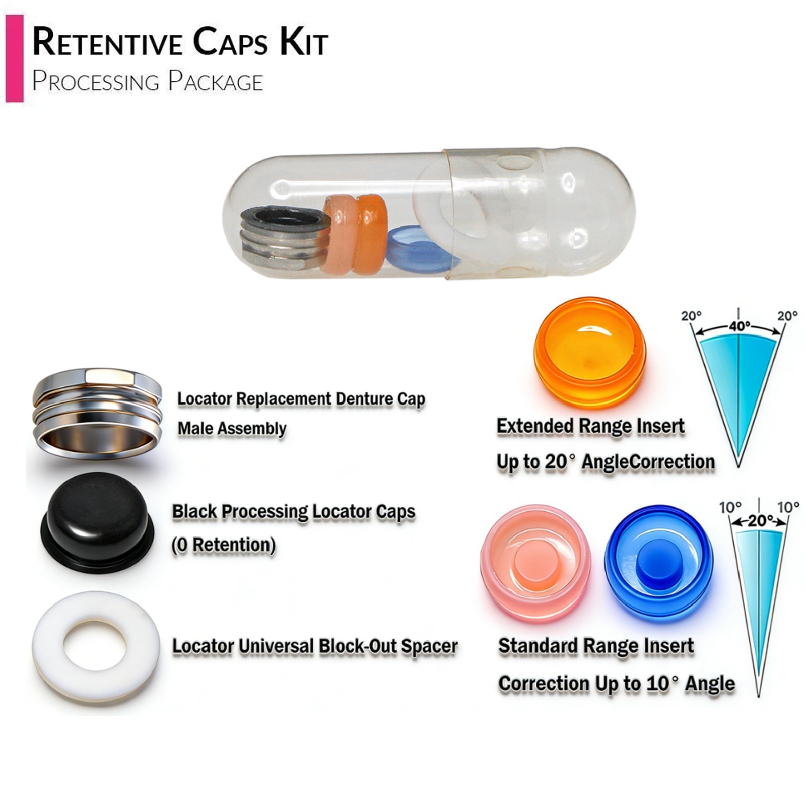 US Dental Zest Locator Retention Caps 0.8/1.2/2.4lbs & Core Tool Kit Overdenture