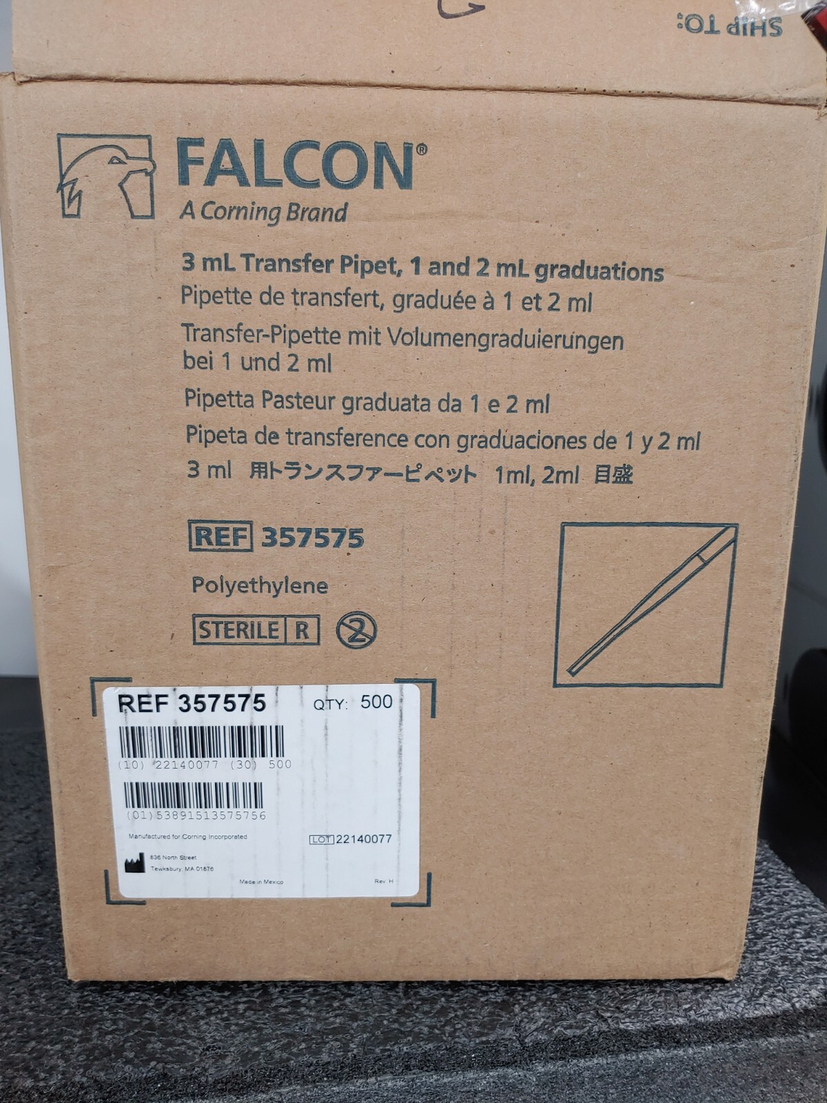 CORNIG FALCON 357575 Polyethylene 3 mL Transfer Pipet with Graduation 500/Box