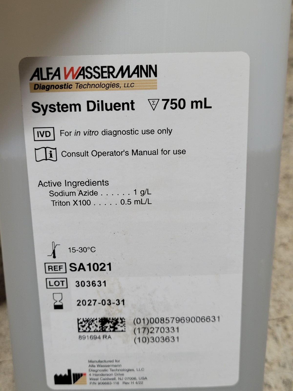 System Diluent for the Alfa Wasserman Ace (3x750mL) PN# AW-SA1021D Exp. 3/2027