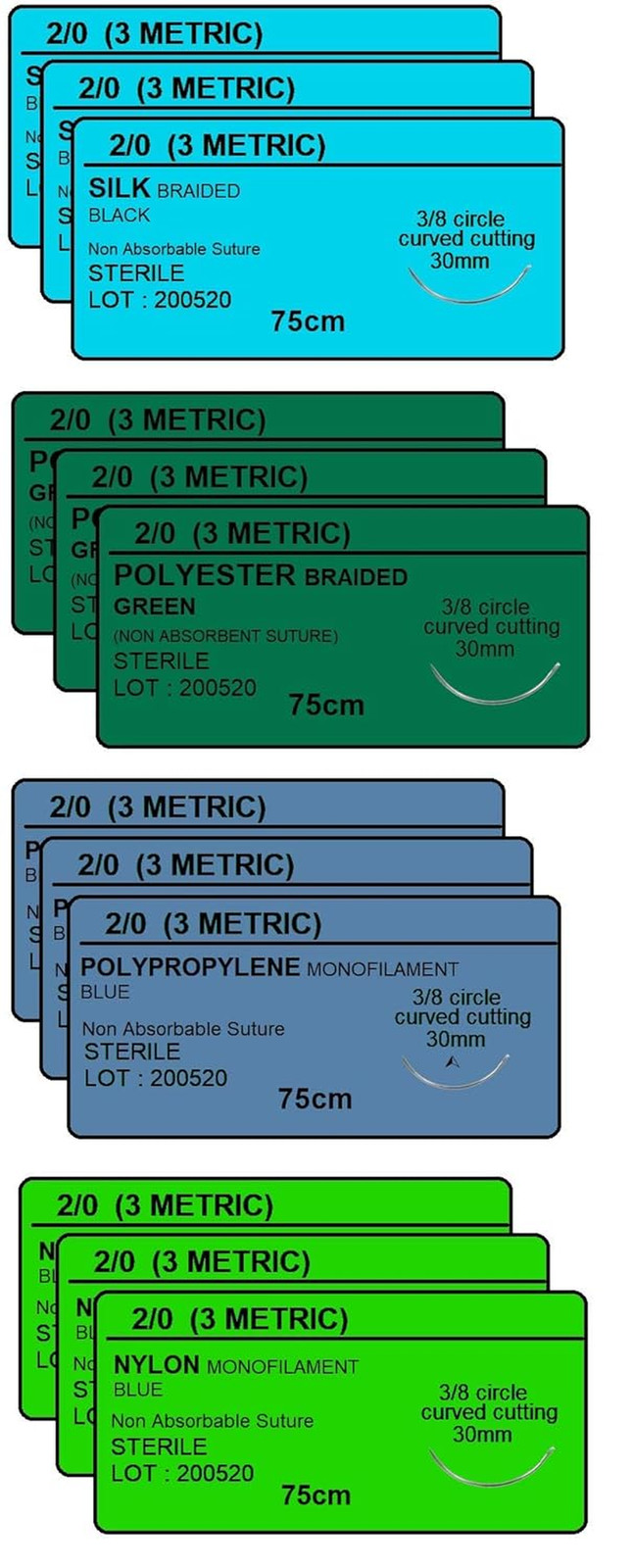 24 PK Mixed Training Sutures Thread with Needle Non-Absorbable: Nylon, Silk, Pol