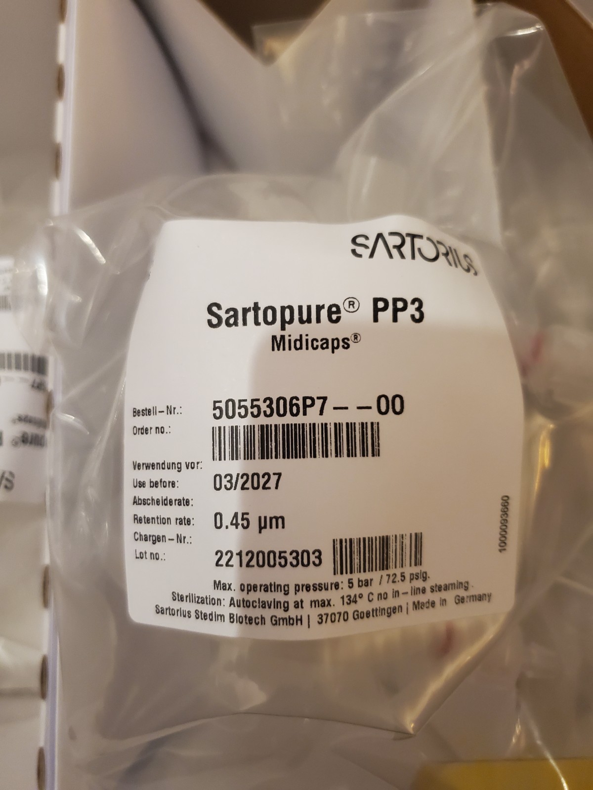 (4/Pk) SARTORIUS Sartopure PP3 Midicaps 0.45um Size 7 5055306P7-00-A, NEW Sealed