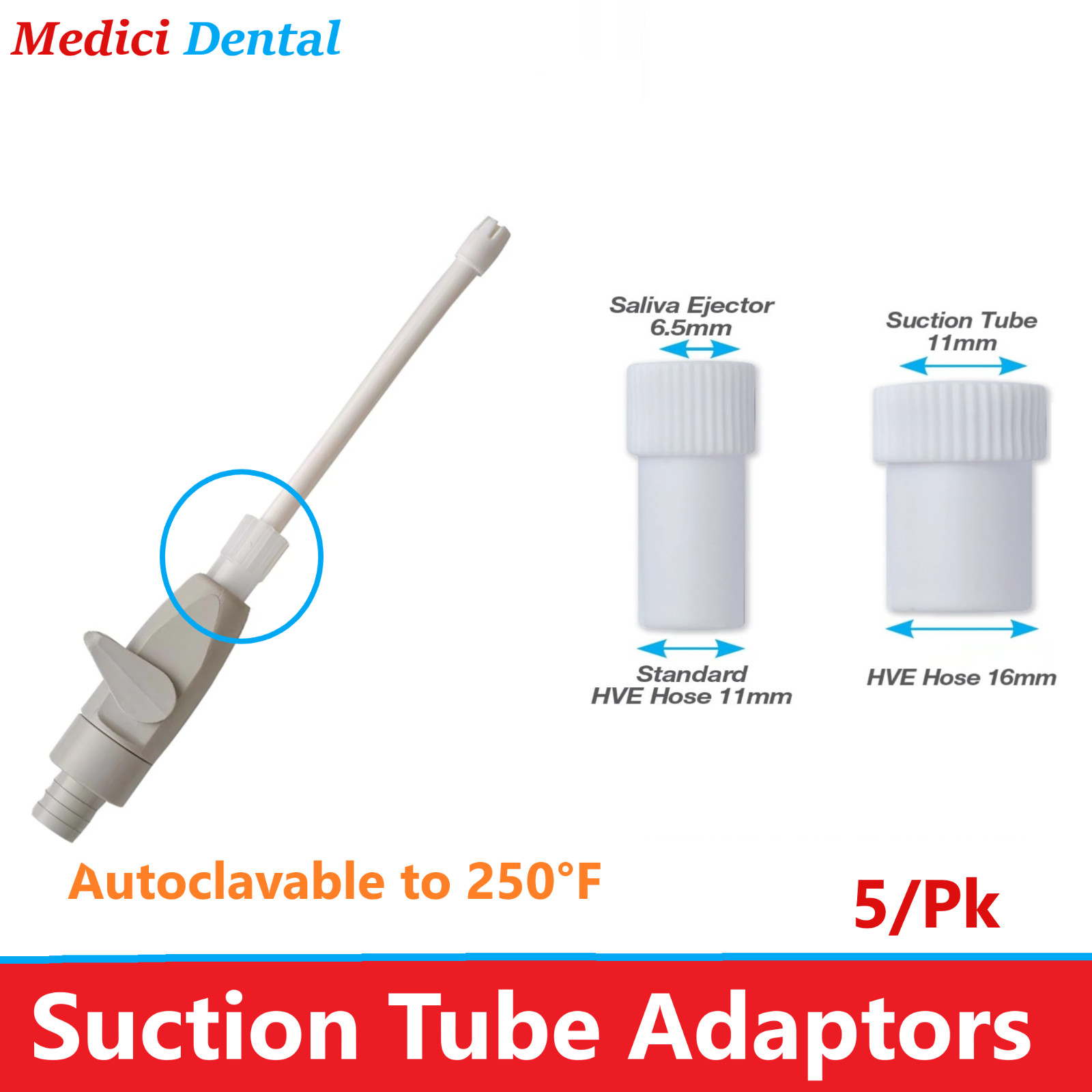 Dental HVE ADAPTERS/Converts 11mm to 16mm, White, Autoclavable to 250°F , 5/Pk