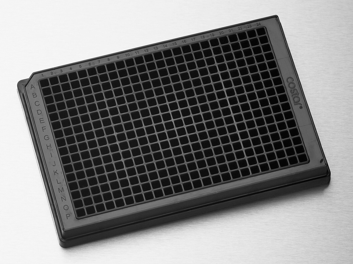 New CORNING 384-WELL BLACK FLAT BOTTOM, LOW FLANGE. 10/pack. #3573