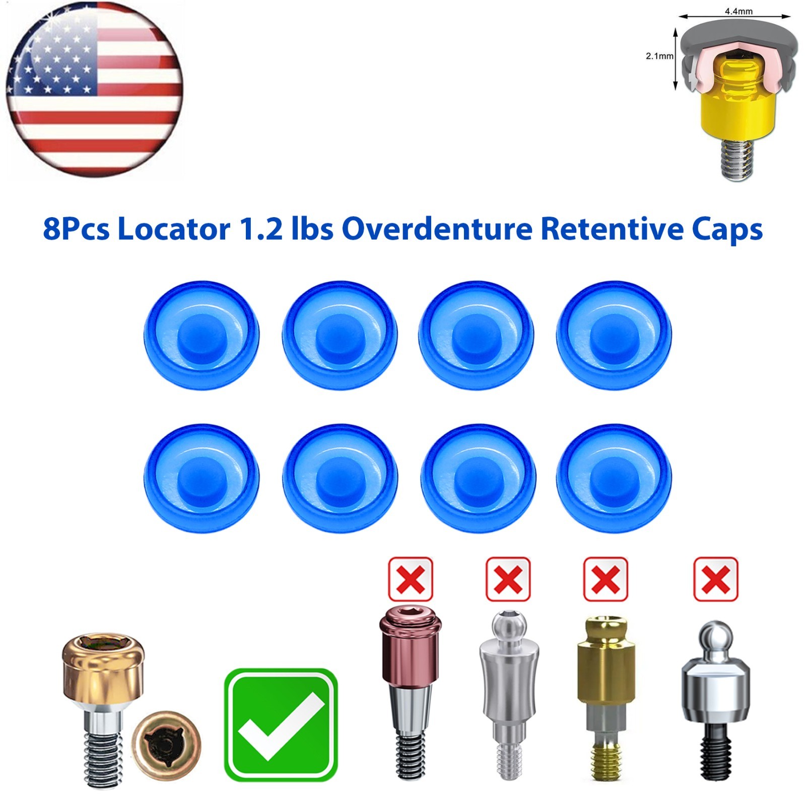 US Overdenture Dental Locator Abutment Retention Caps 1.2/2.4lbs Metal Housing