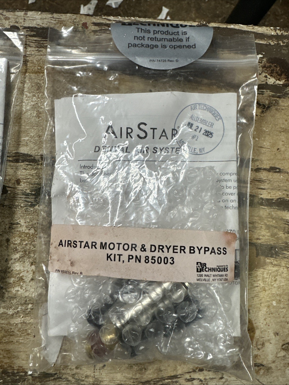 Air Star Dental Air System, Airstar Motor and Dryer Bypass Kit PN 85003