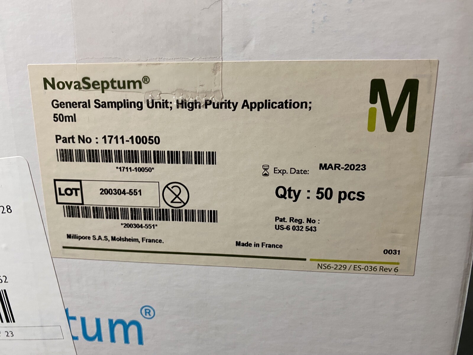 MILLIPORE 50mL NovaSeptum High Purity General Sampling Unit 1711-10050 (50/cs)