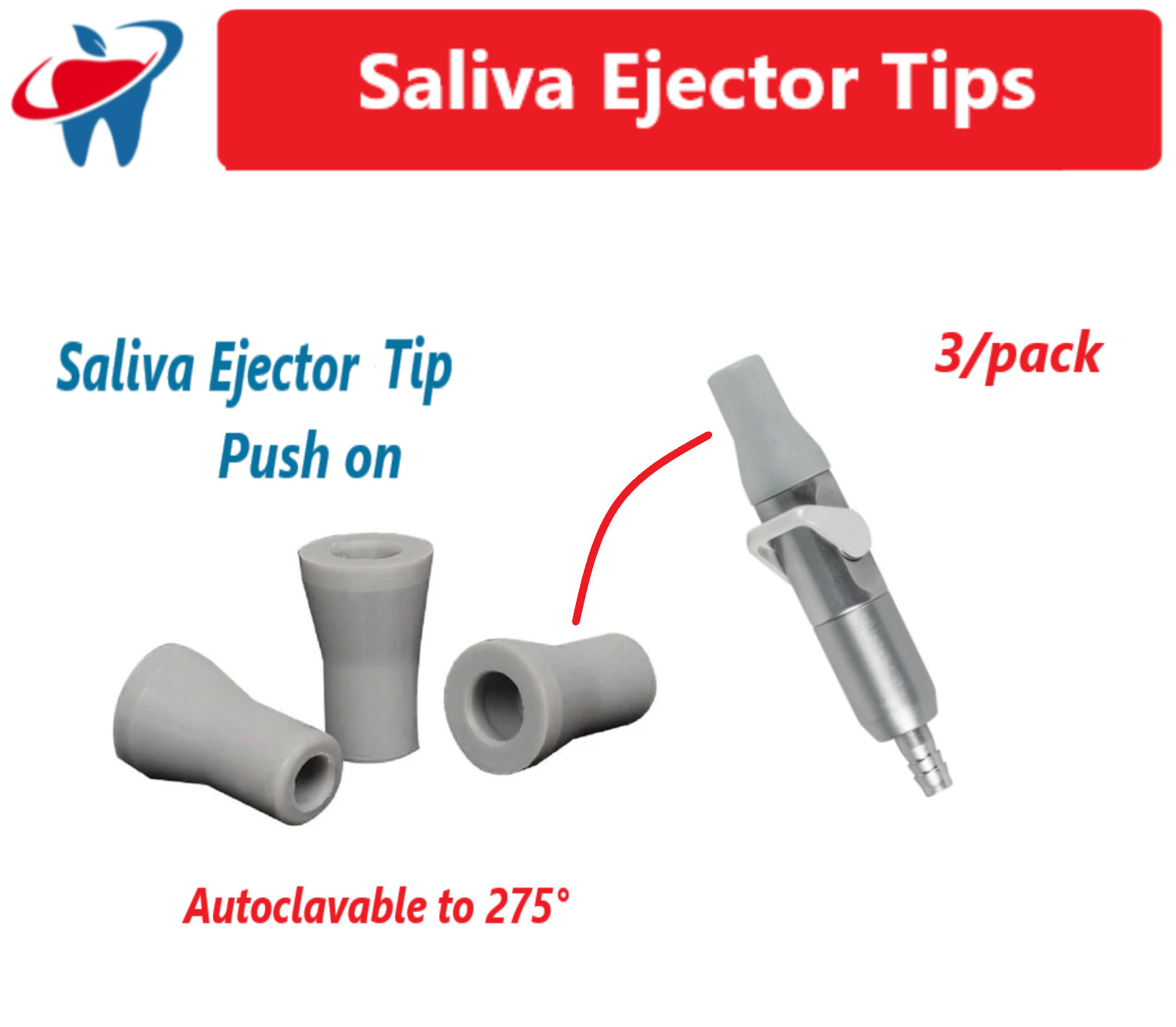 Dental Saliva Ejector Tips Push on, Gray, 3/Pk Push on Screw on Autoclavable Tip