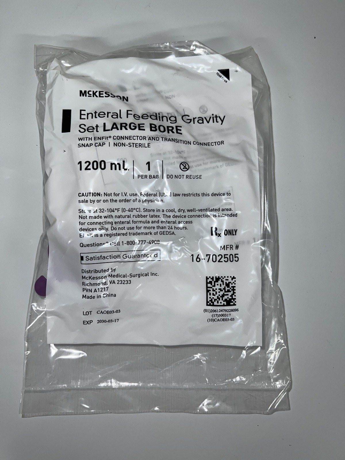 McKesson Enteral Feeding Gravity Set Large Bore 1200 mL ENFit 16-702505