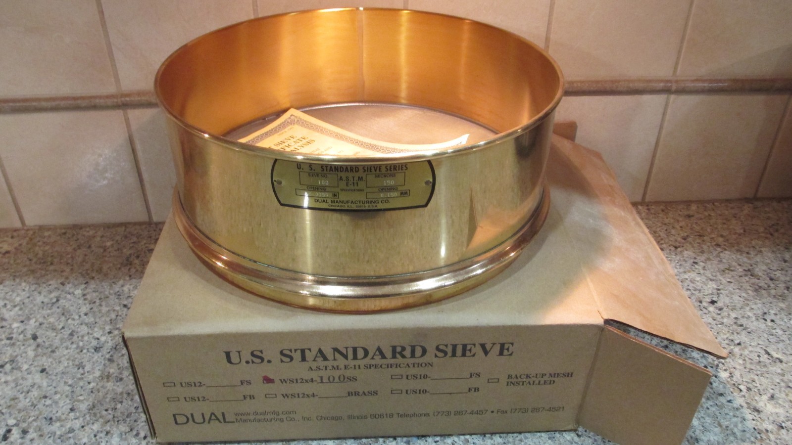 NIB, US Standard, 12 in. Sieve, Brass/Stainless, Full-Height, No.100