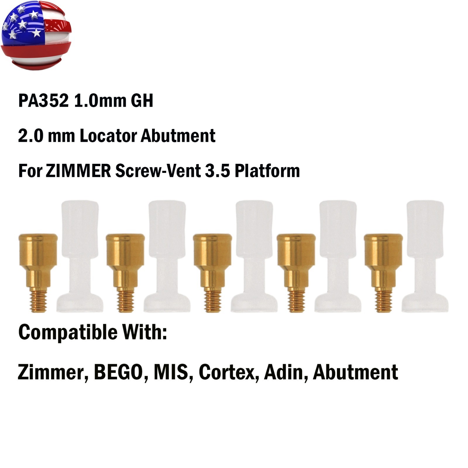 US Zimmer Tapered TSV Locator Abutment 3.5mm Platform w/PEEK Caps Gold Core Tool