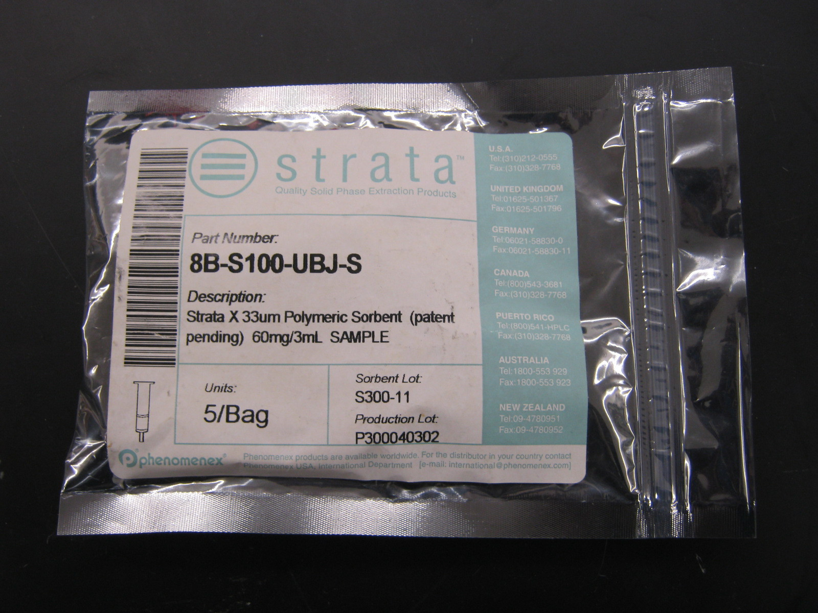 PHENOMENEX STRATA 8B-S100-UBJ-S 33µm POLYMERIC SORBENT 60mg/3mL SAMPLE