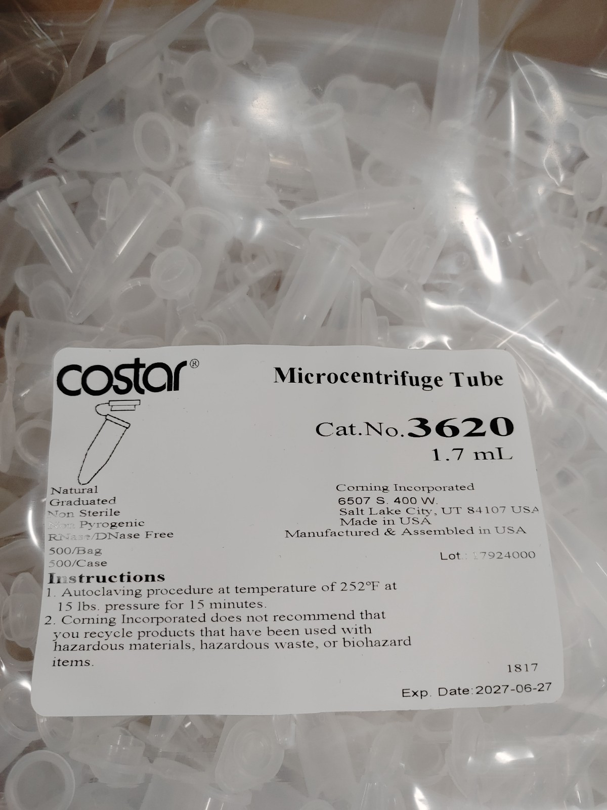 500 Box COSTAR 3620 1.7mL Snap Cap Microcentrifuge Tube Polypropylene Nonsterile
