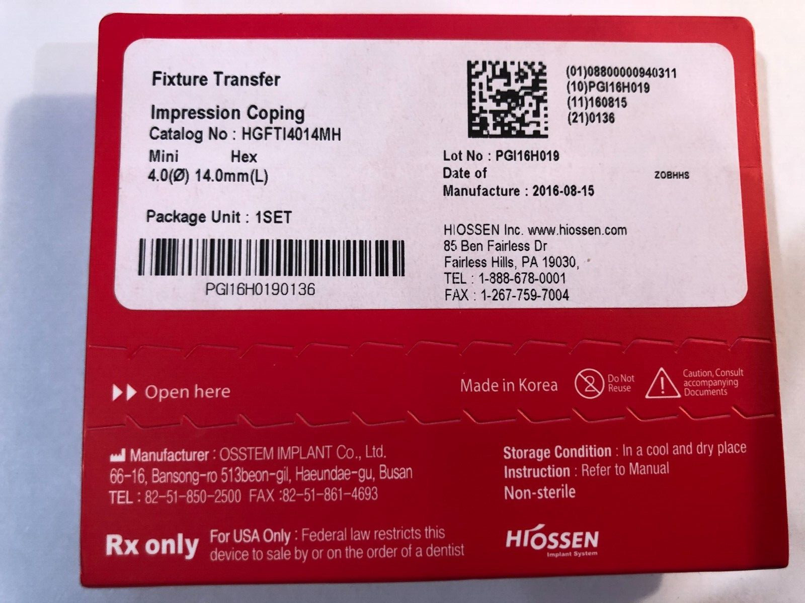 Hiossen fixture transfer impression coping mini Hex 4.0 x 14 mm HGFTI4014MH