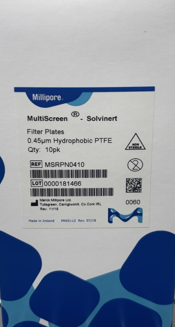 Multiscreen 96 well Plate PTFE membrane 0.45 μm pore size (Millipore #MSRLN0410)