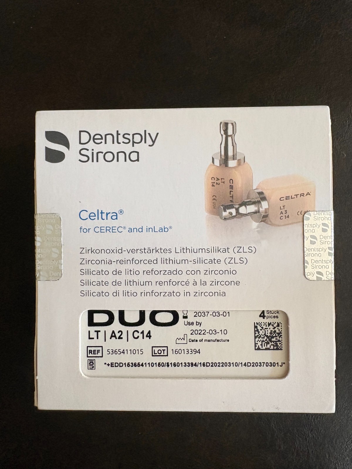 New unopened Dentsply Sirona Celtra Duo LT A2 C14 CAD CAM Blocks 4pcs CEREC