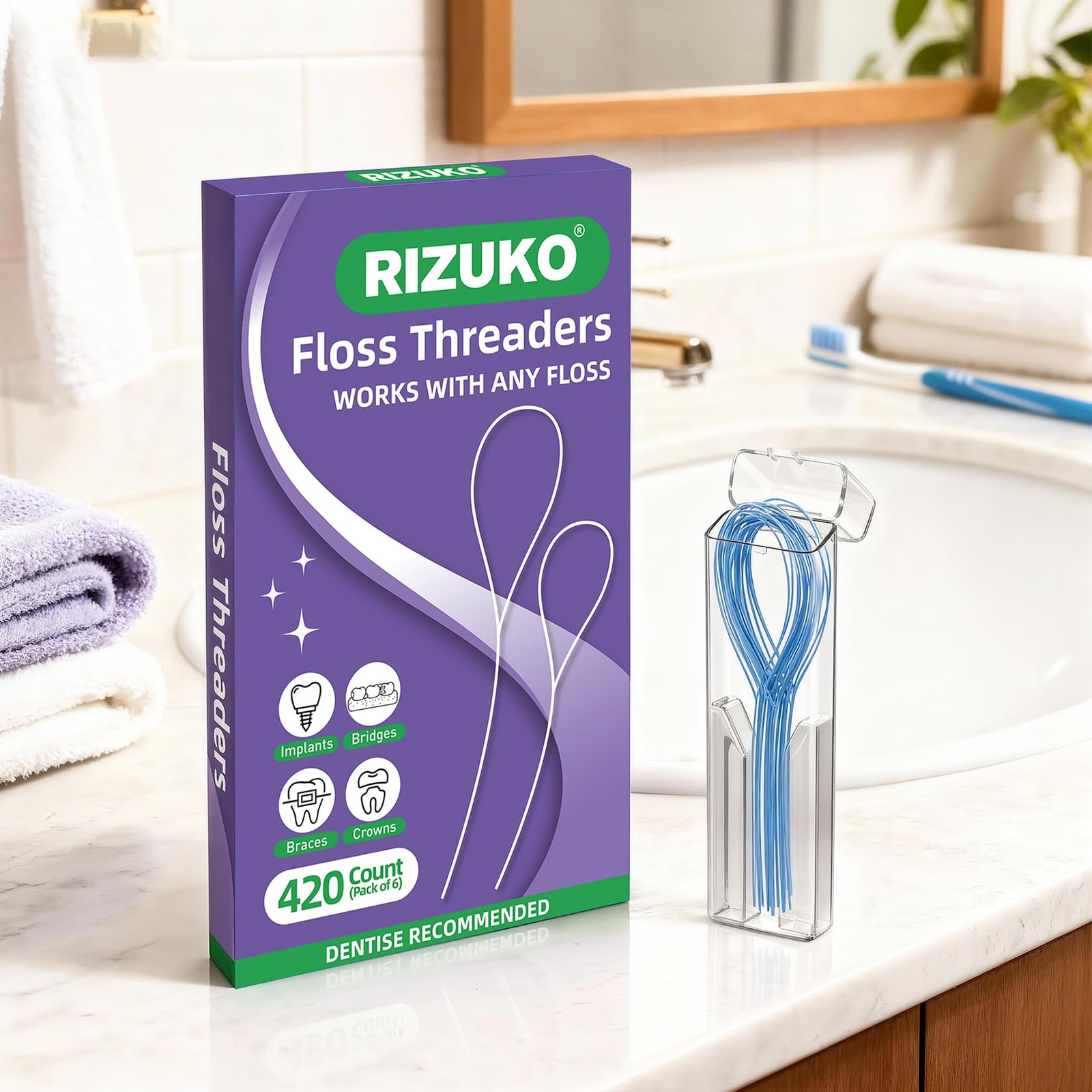 RIZUKO Floss Threaders,Deep Clean Dental 70 Count (Pack of 6), Blue