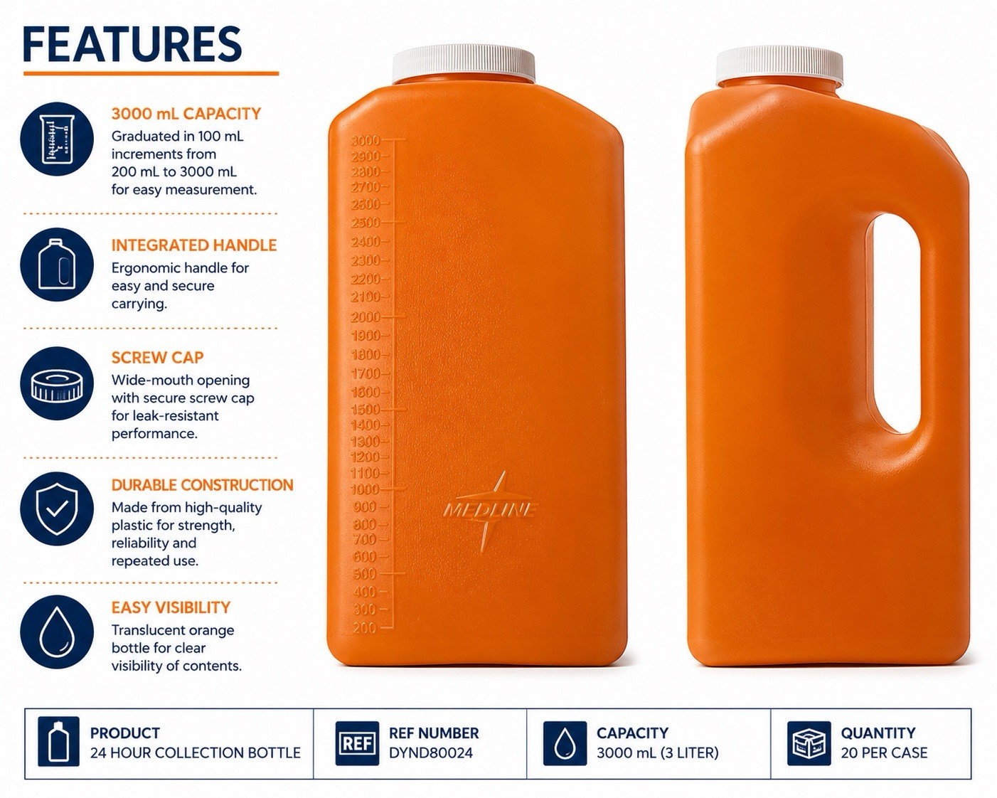 Medline 3000mL Graduated Orange 24hr Collection Bottle DYND80024 With Handle