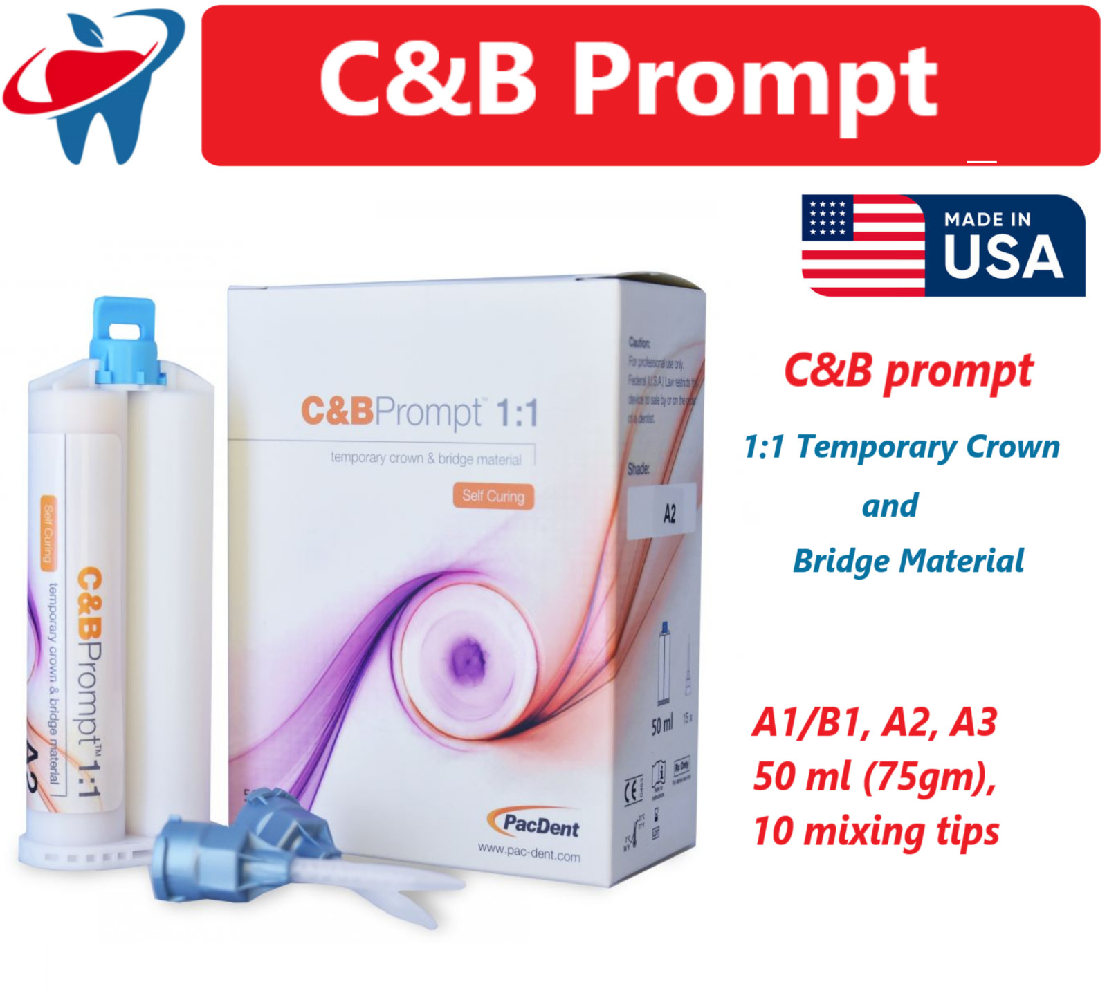Dental Self-curing C&B Prompt 1:1 Temporary Crown and Bridge Material, PacDent