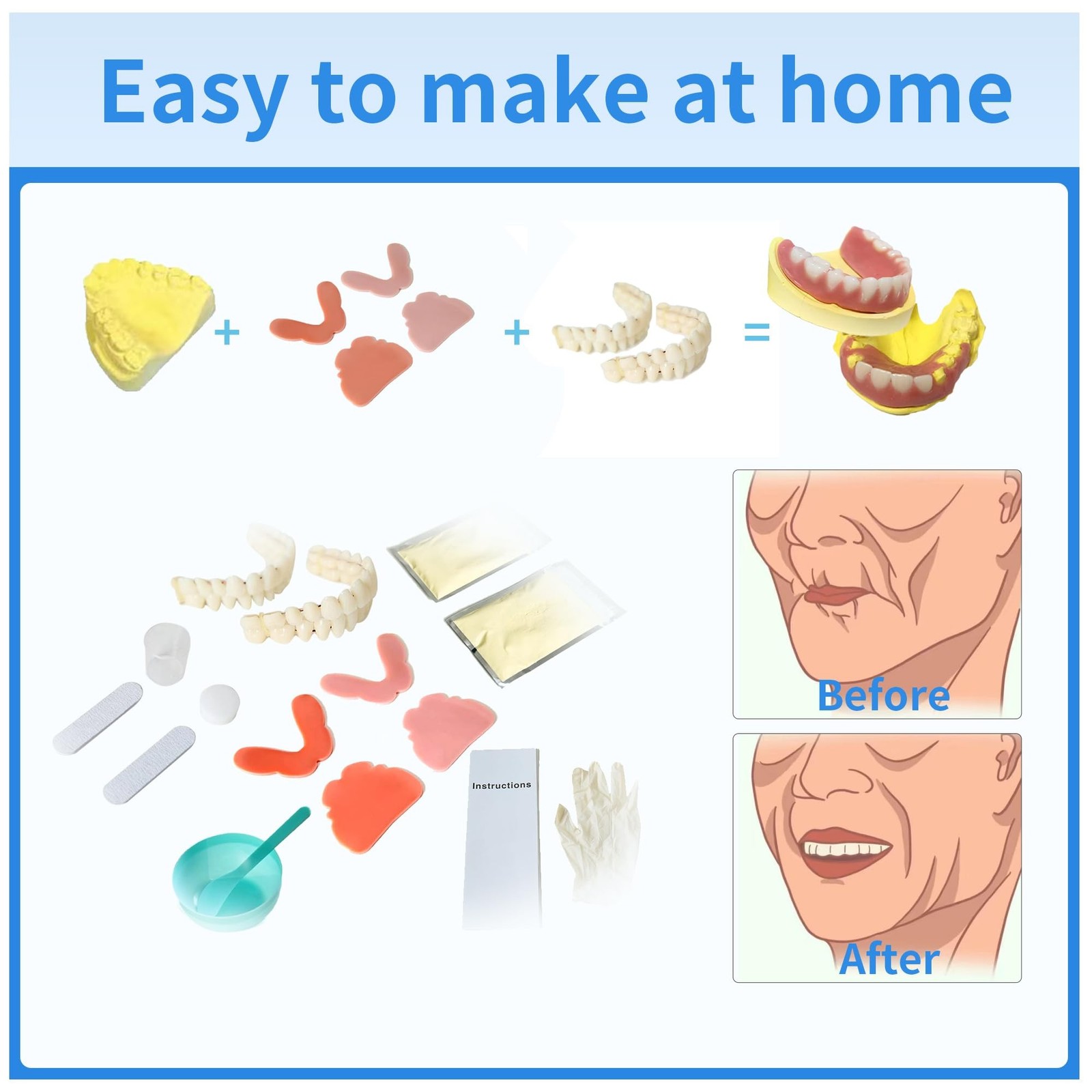 12-Piece DIY Denture Kit,2 sets (28 teeth per set) of false teeth in differen…