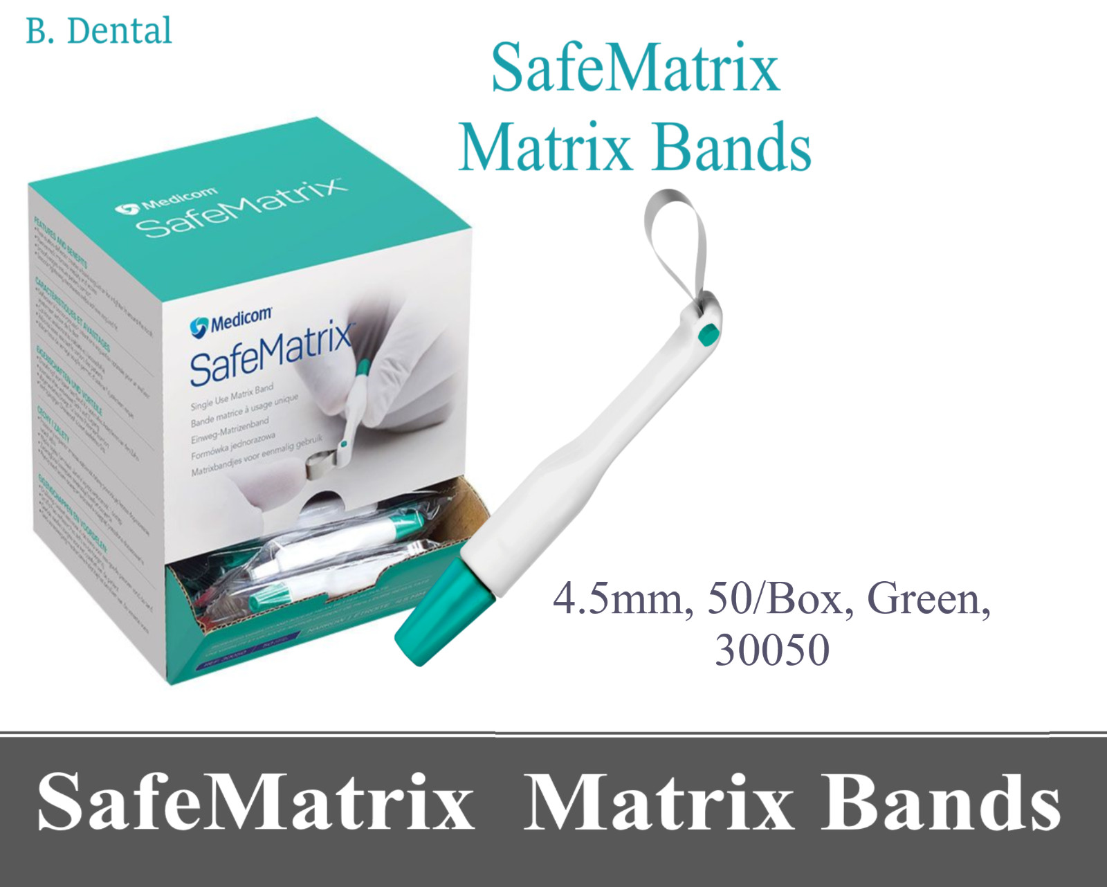 Medicom Dental SafeMatrix Matrix Bands Narrow, 4.5mm, 50/Box, Green, 30050