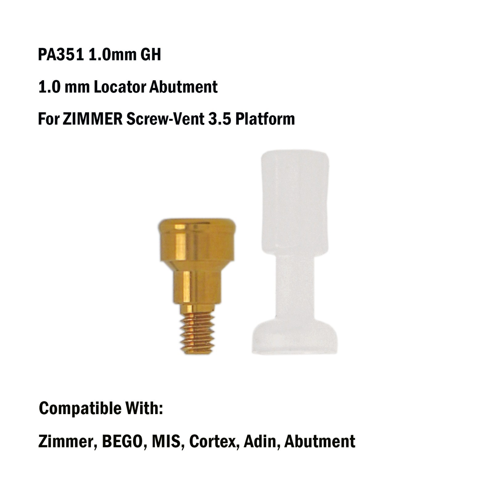 US Zimmer TSV 3.5 Tapered Screw-Vent 1mm GH Implant Overdenture Locator Abutment
